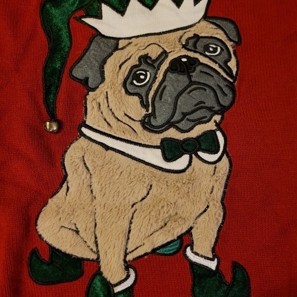 Ugly Christmas Sweater Pug Red Green Stripes Bell Size Large - Picture 3 of 5